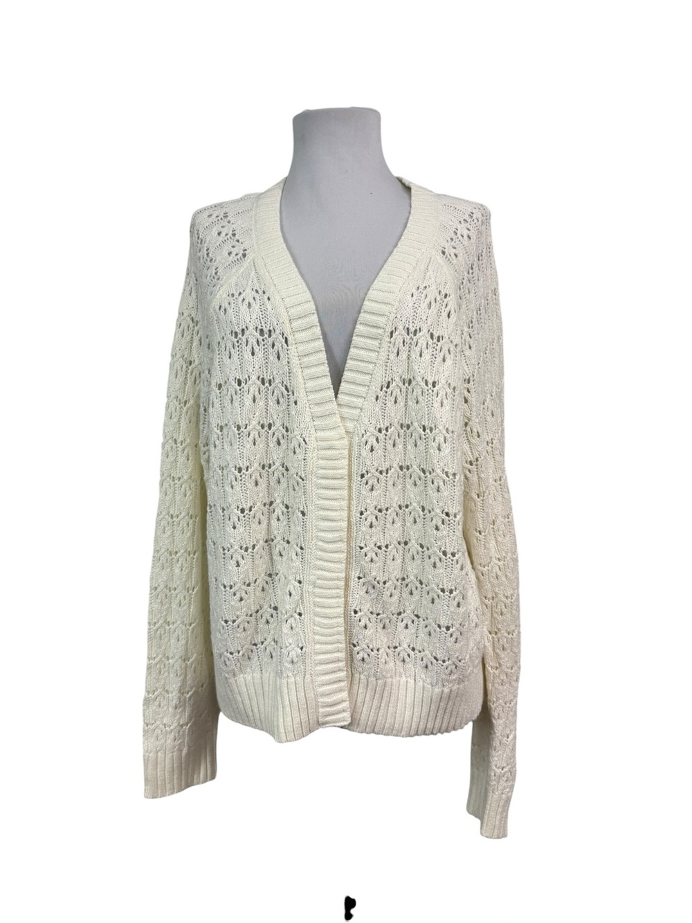 Olivia Sky Women's XL Open Crochet Knit Sweater Cardigan Ivory Snap Buttons
